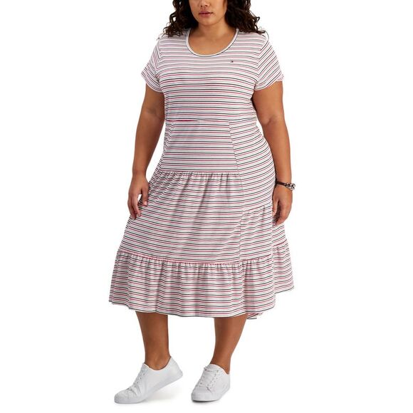 Tommy Hilfiger Plus Size Tiered Striped Midi Dress - Picture 1 of 1